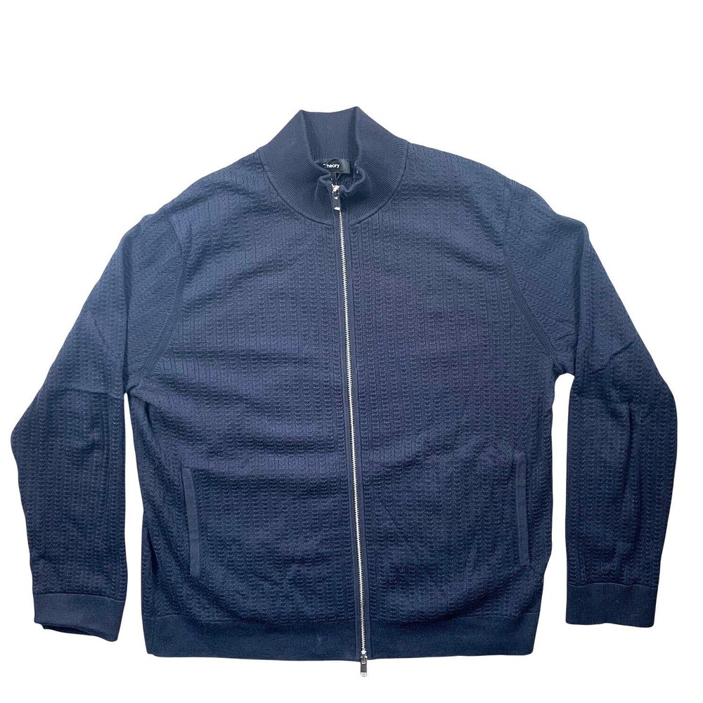 Theory Walton Full Zip Cardigan L Mens Navy Blue Cotton Mock Neck NWT ($265)